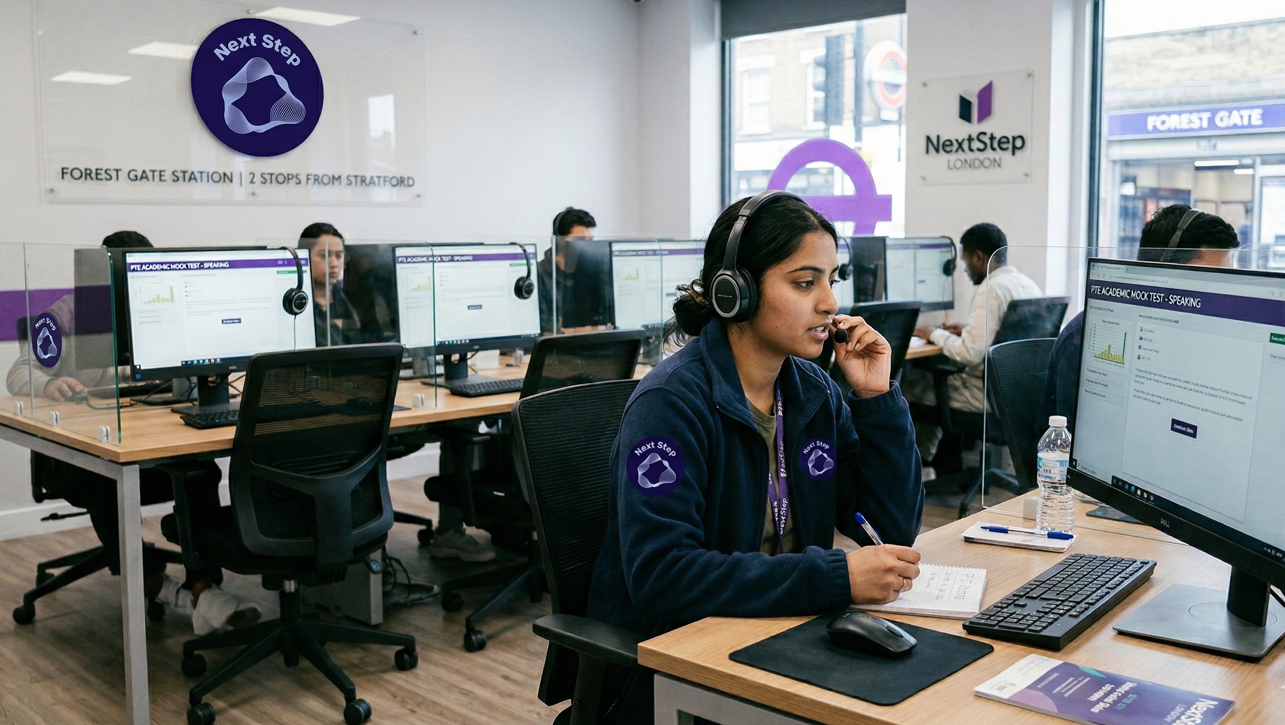 PTE Course London PTE Course London: A diverse student wearing a branded Next Step fleece taking a PTE mock test in a modern computer lab near Stratford and Forest Gate Station on the Elizabeth Line